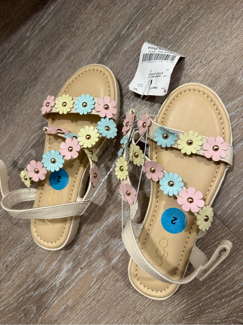 Soda Girls' Cream Sandals with Pink, Blue & Yellow Flower Accents